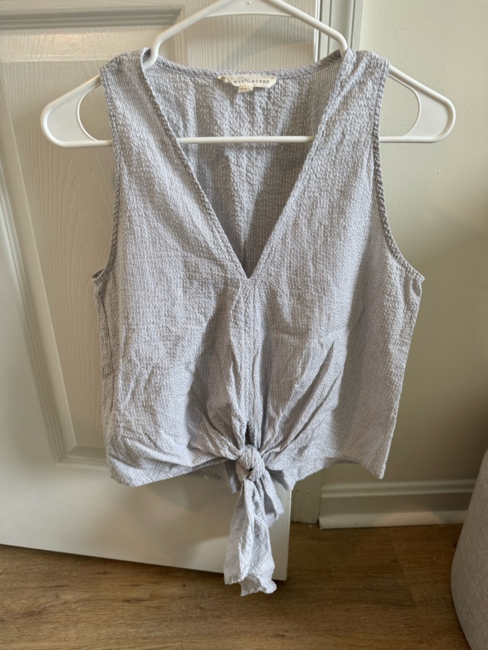 Light Blue Seersucker Tie-Front Tank Top